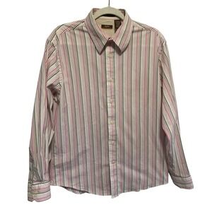 Nyne Mens Coolmax Poplin Striped Button-Down Shirt Long Sleeve Pink Green Large